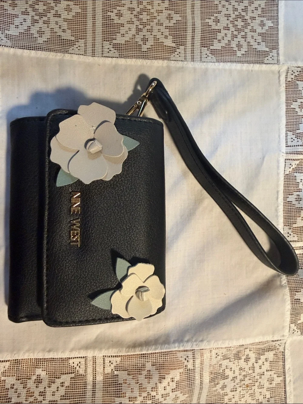 Nine West Black Wristlet Card Holder with Cream Floral Appliqués